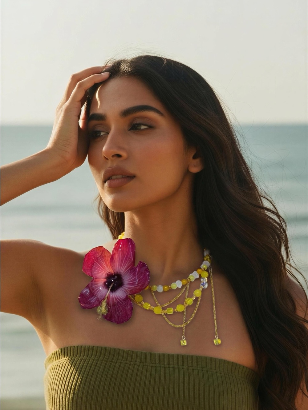 Yellow Beaded Multi-Strand Necklace with Pink Flower Accent